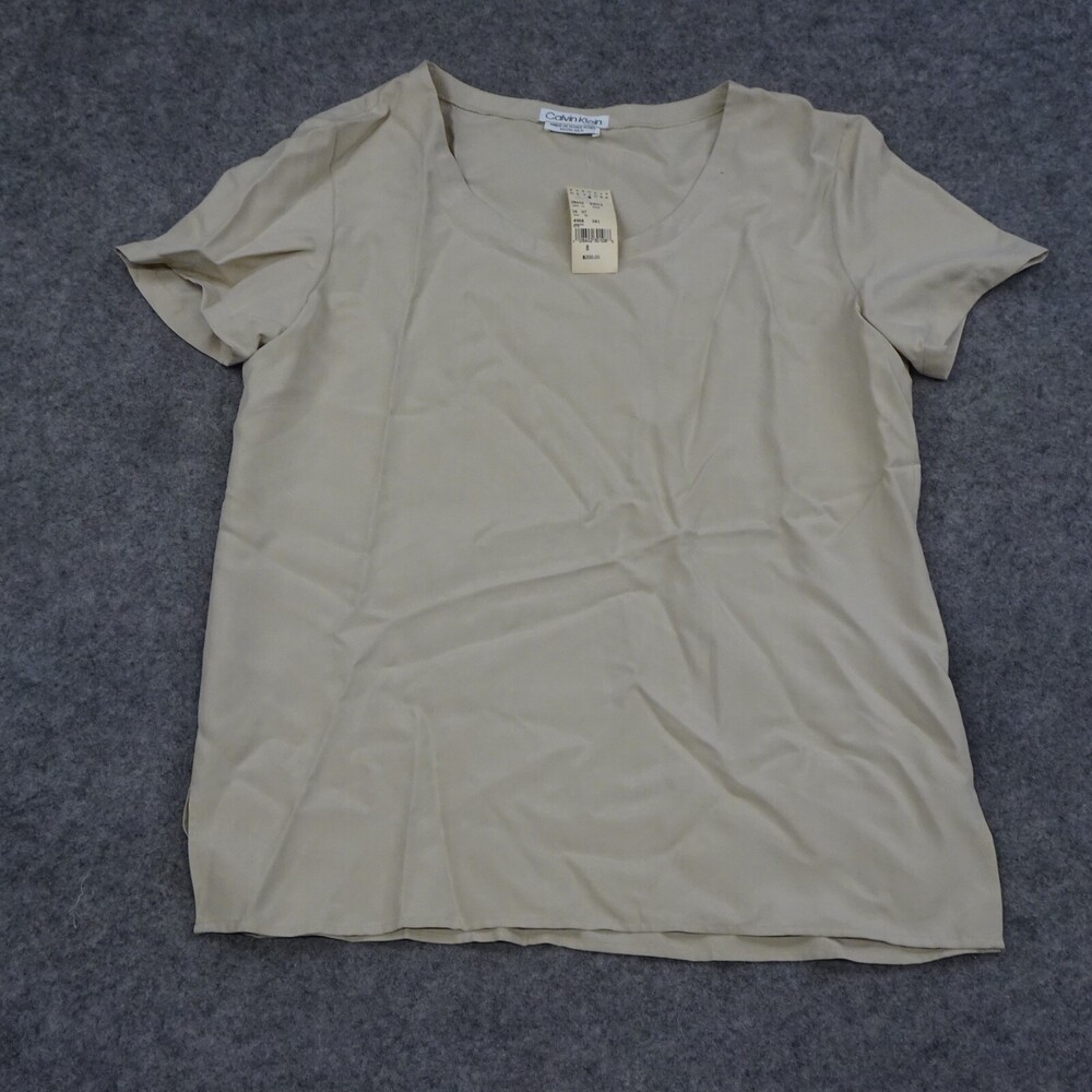 Vintage Calvin Klein Blouse Womens 8 Beige Silk Top Short Sleeve Career Comfort
